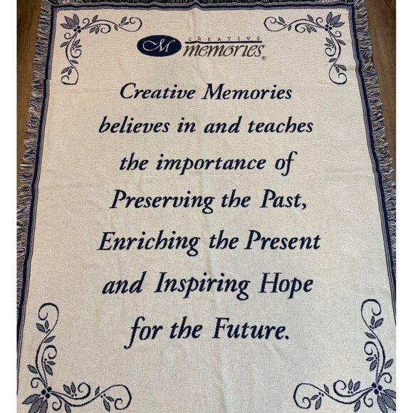 Creative Memories Tapestry Throw Blanket 48” X 61" Blue White Cotton Fringe - Picture 2 of 6